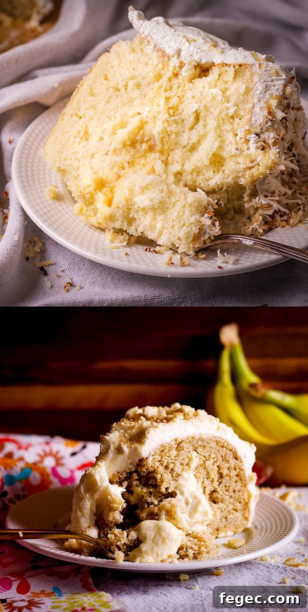 A slice of Coconut Cream Cake and a slice of Banana Cream Cake.
