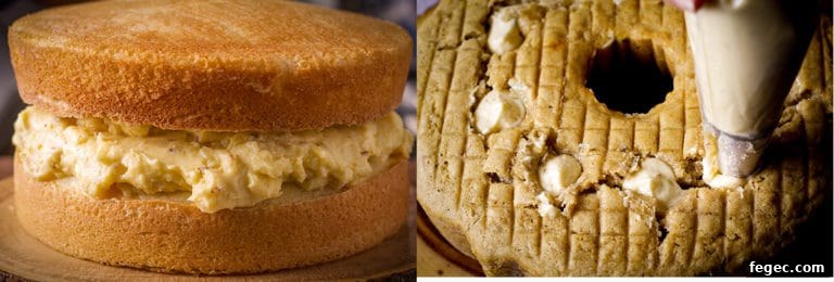 A coconut cream cake filled with coconut pastry cream and a banana cream cake filled with banana pastry cream.