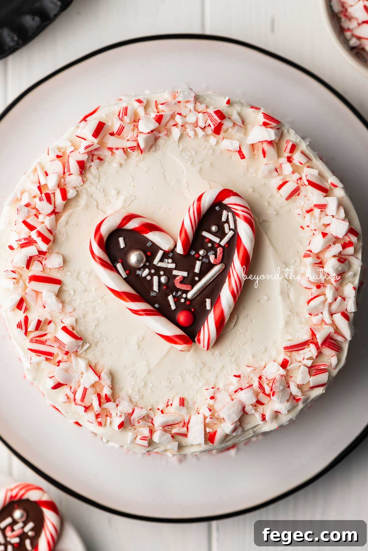 Single layer chocolate peppermint cake frosted with peppermint swiss merignue buttercream and garnished with crushed candy canes and candy cane heart | © Beyond the Butter®