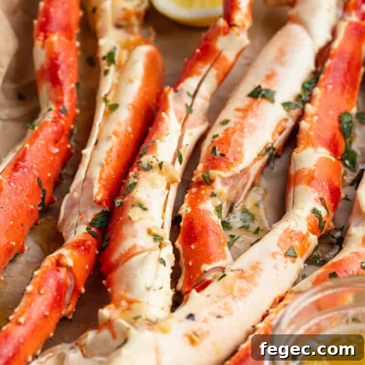 Grilled crab legs, lined up on a baking sheet lined with parchment paper, next to a bowl of garlic butter sauce.