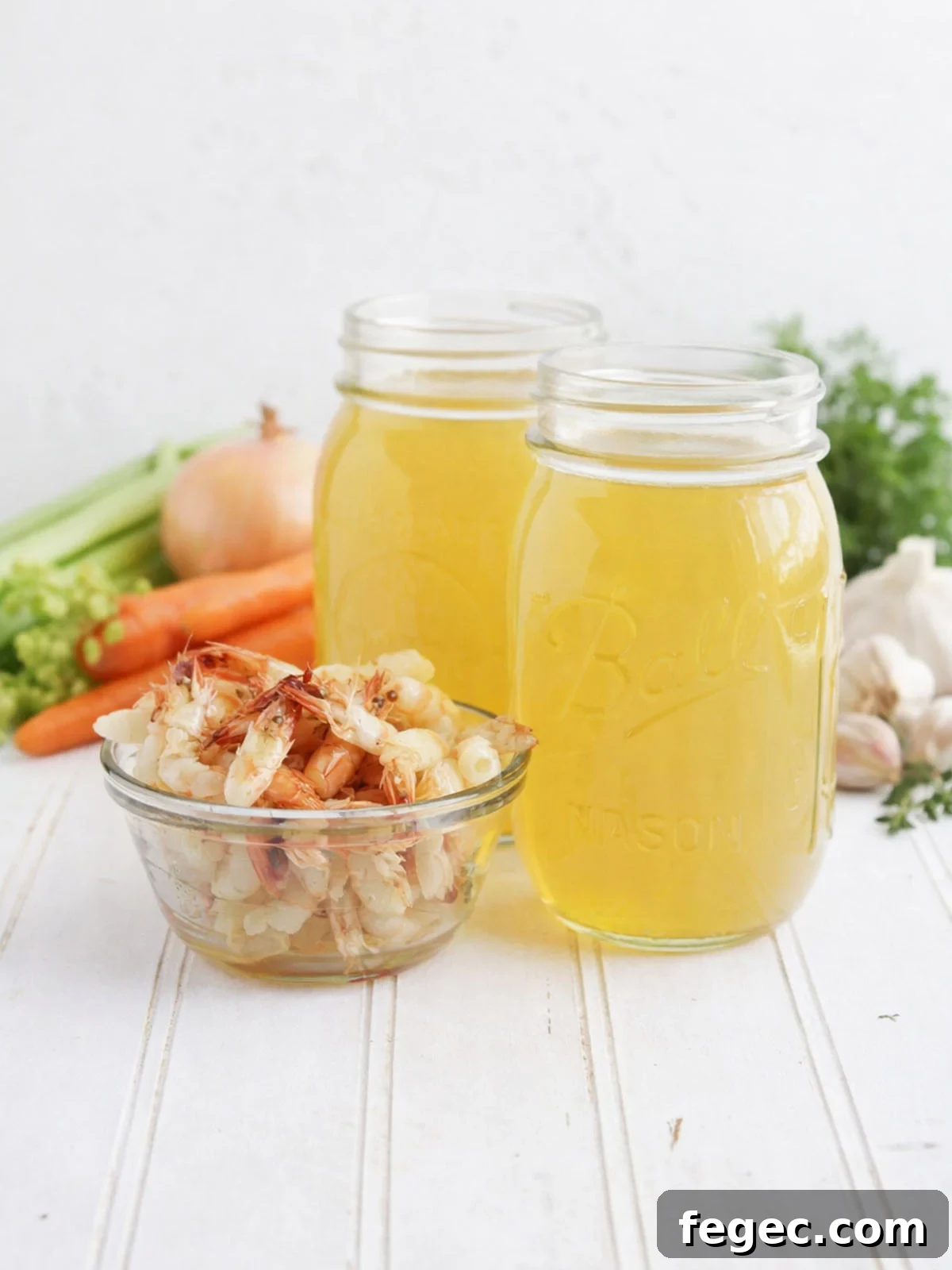 Two mason jars of shrimp stock with a small dish of shrimp shells and stock ingredients in the background.