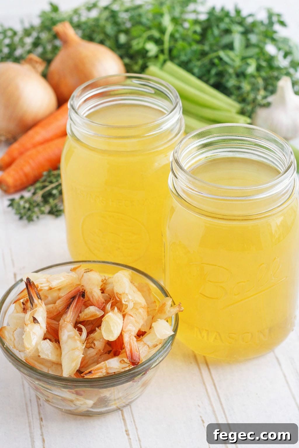 Two mason jars of shrimp stock with a small dish of shrimp shells and stock ingredients in the background.