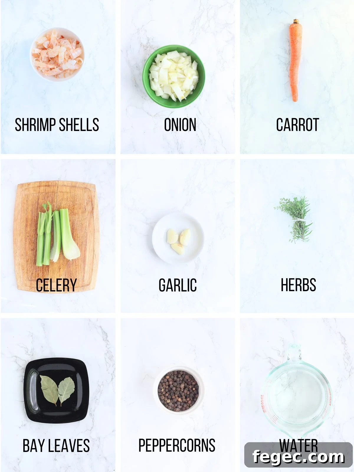 Collage of ingredients needed to make homemade shrimp stock.