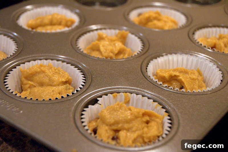 muffin tins filled with pumpkin muffin batter