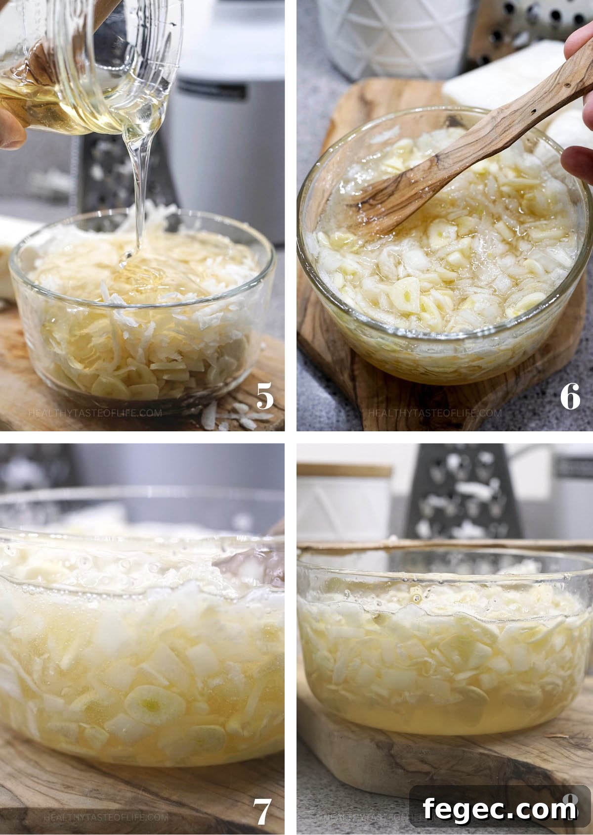 Process shots showing how to make a homemade cough syrup, how to mix all ingredients: onion, honey, garlic, black radish.