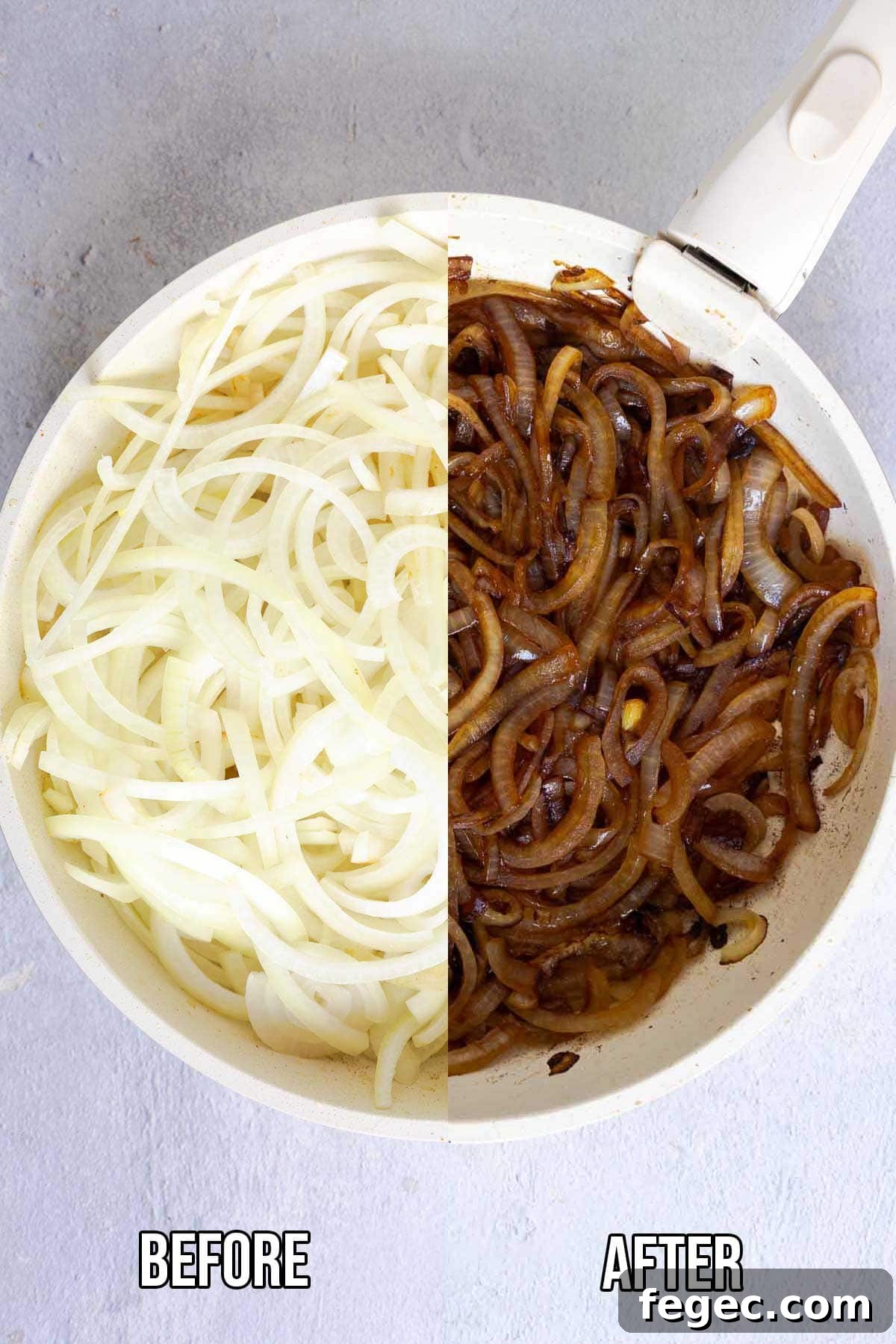 French Onion Pork Chops with Melted Gruyère and Caramelized Onions 7 A white skillet showing onions raw on one side and caramelized on the other. Text on the image says 'BEFORE' and 'AFTER'.