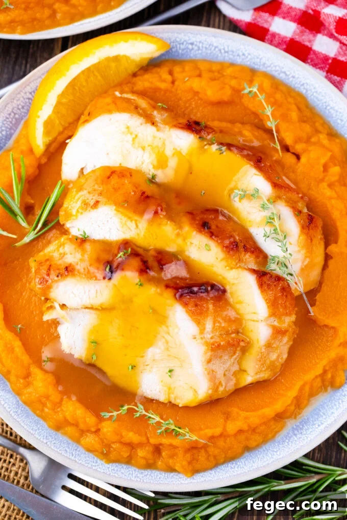 Oven-Roasted Turkey Breast with Honey Orange Glaze 11 Oven roasted turkey breast with honey orange sauce over sweet mashed potatoes.
