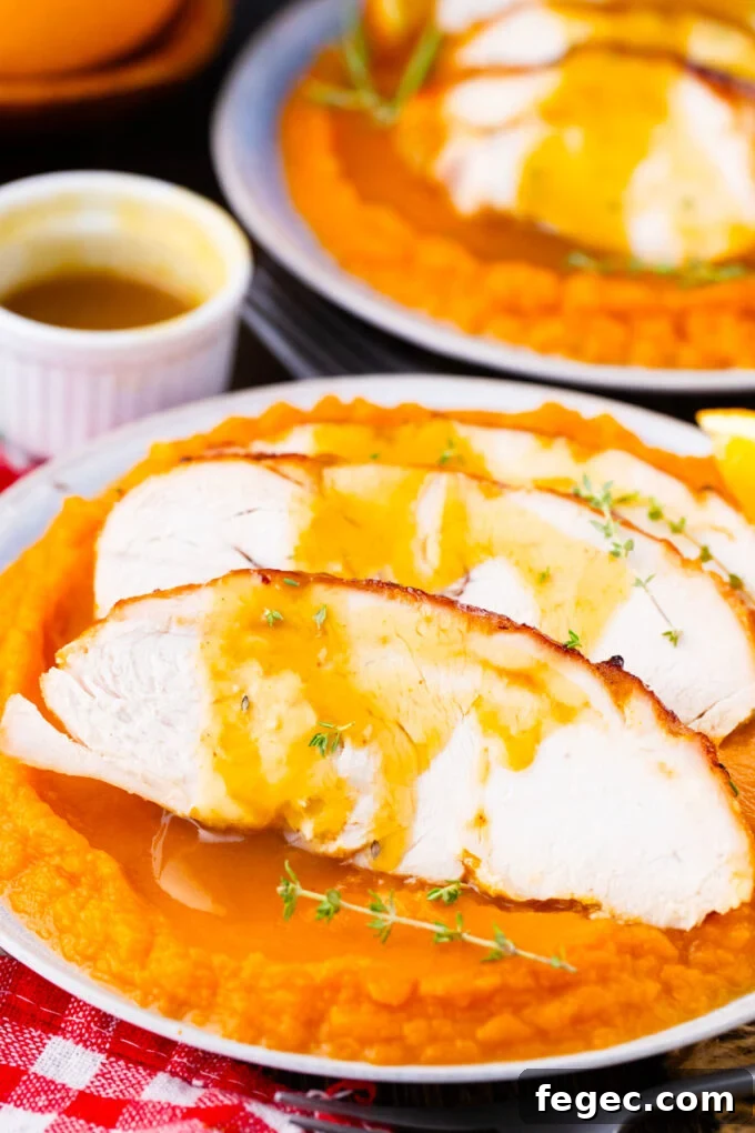 Oven-Roasted Turkey Breast with Honey Orange Glaze 12 Sliced oven roasted turkey breast with honey orange sauce over sweet mashed potatoes.