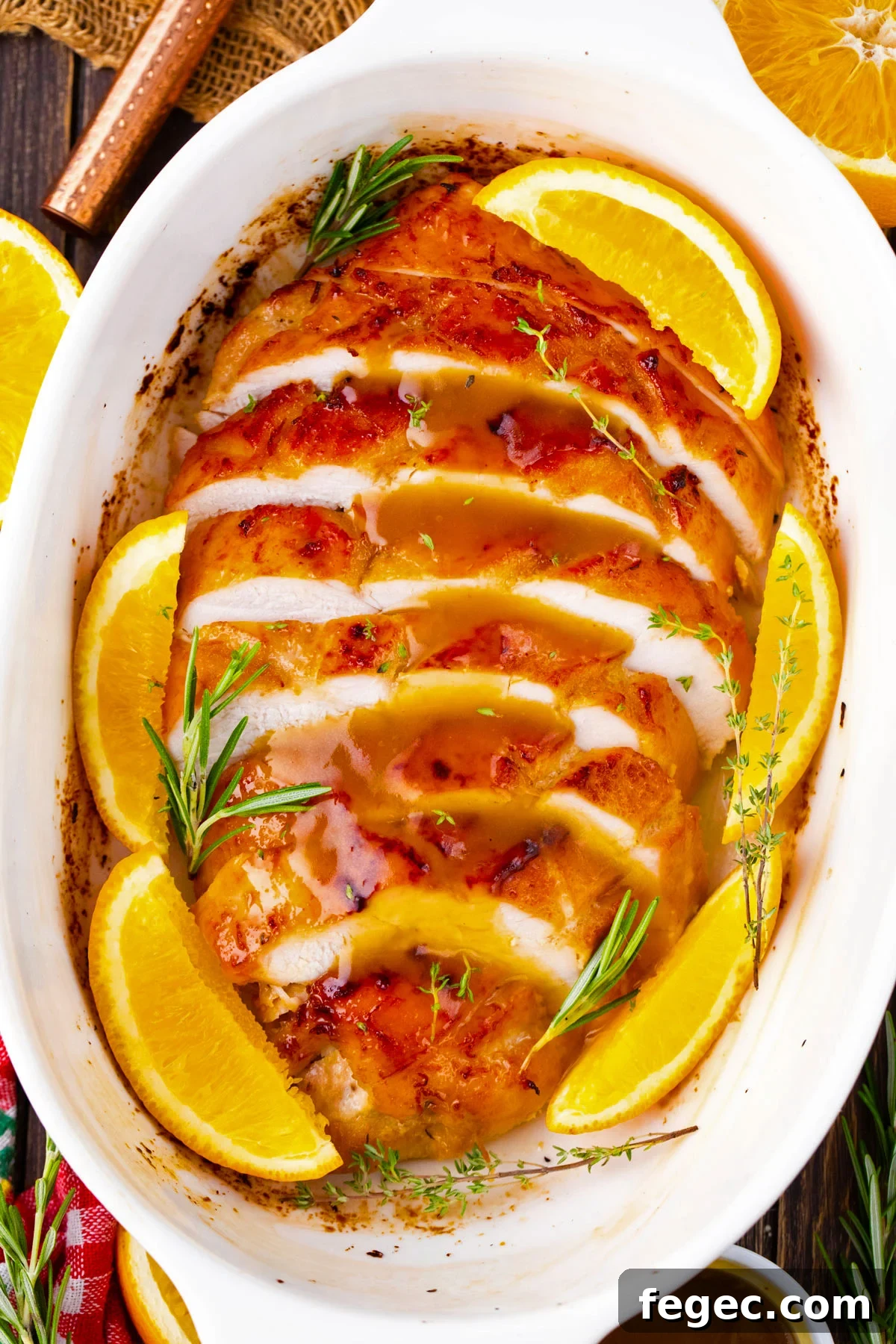 Oven-Roasted Turkey Breast with Honey Orange Glaze 17 Overhead shot of oven roasted turkey breast with honey orange sauce.