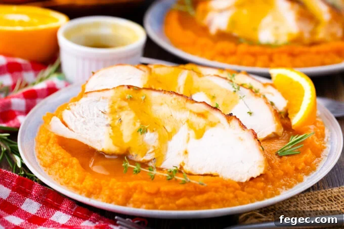 Oven-Roasted Turkey Breast with Honey Orange Glaze 3 Oven roasted turkey breast with mashed sweet potatoes.