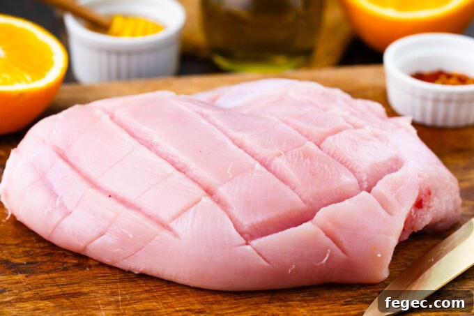 Oven-Roasted Turkey Breast with Honey Orange Glaze 5 Turkey breast on a cutting board.