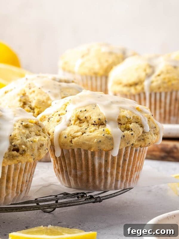 Lemon poppy seed muffins with lemon icing on a cooling rack.