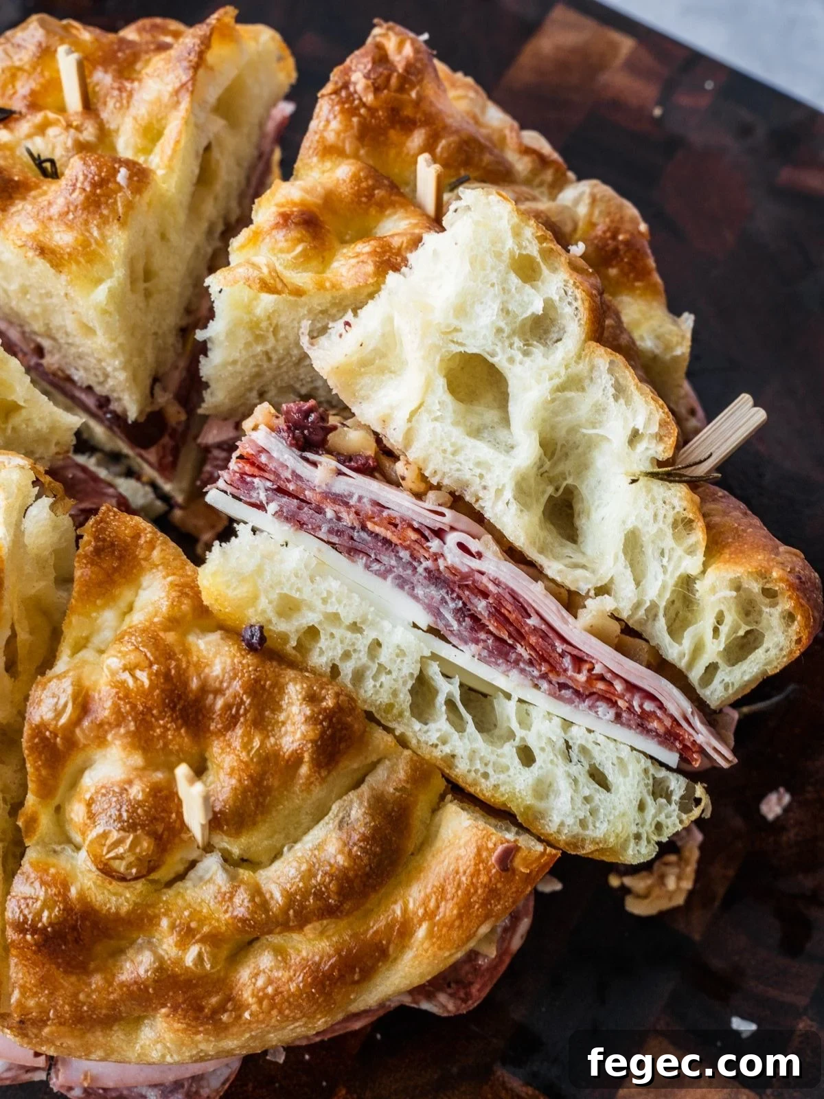 Cross-section of a muffuletta slice showing the deli meat and cheese.