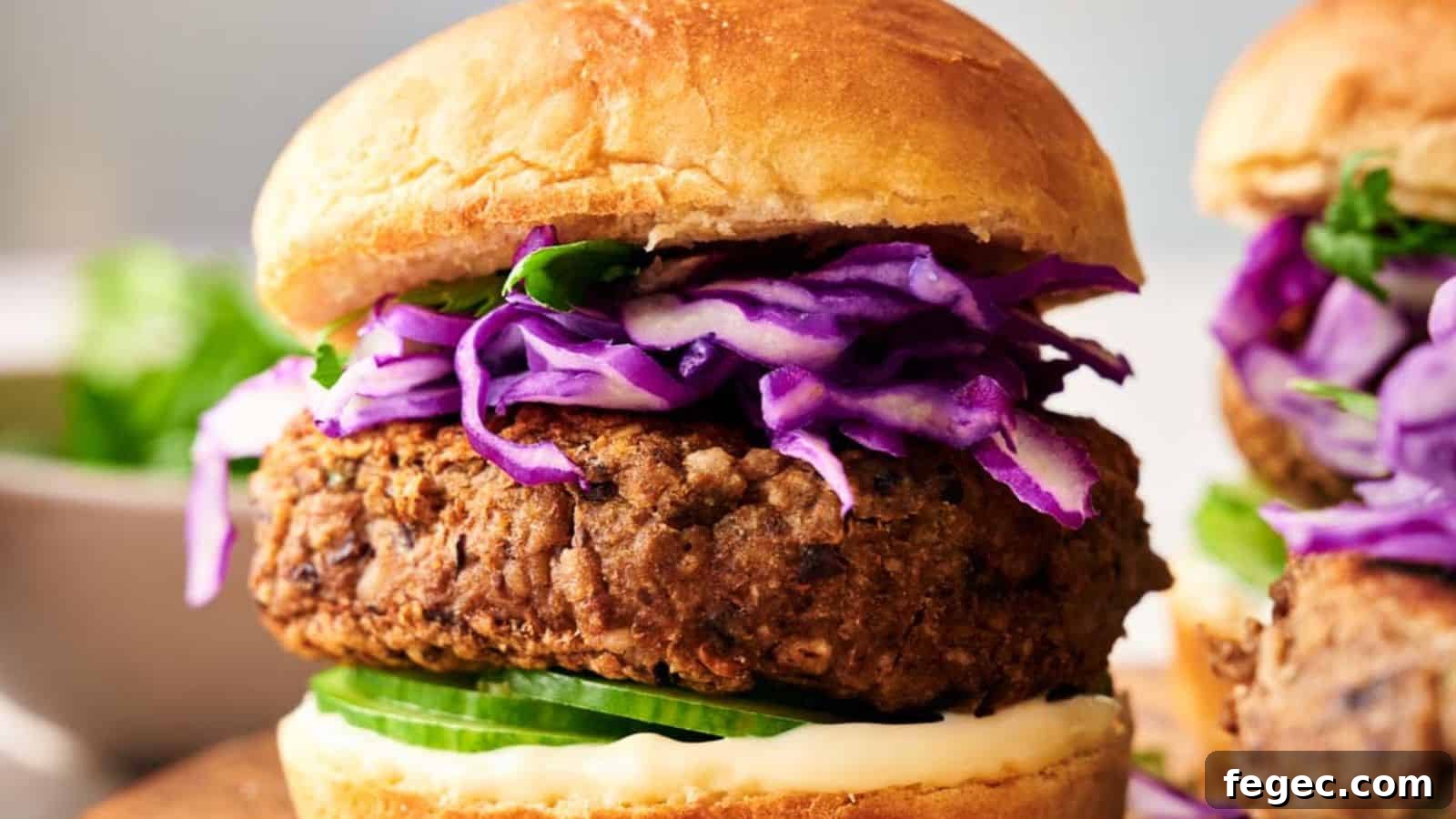 Close-up of a Veggie Burger Slider with a fried patty, sliced cucumber, shredded purple cabbage, greens, and mayonnaise in a bun. In the background, a blurred portion of another slider and a dish are visible.