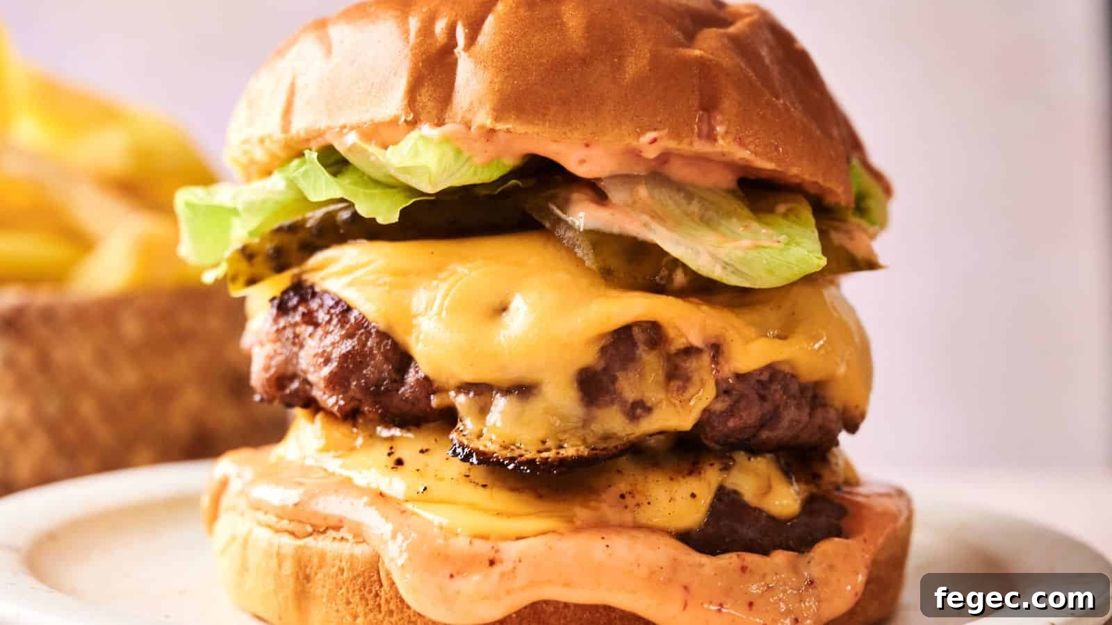 A hamburger with cheese and lettuce on it.