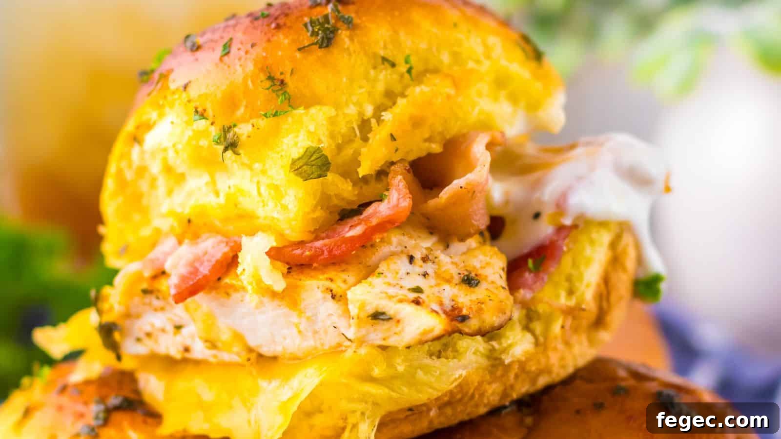 Close-up of chicken bacon ranch sliders with grilled chicken, bacon, and melted cheese inside a golden bun, garnished with herbs.