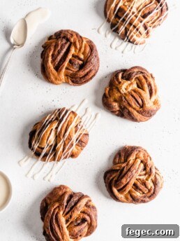 Beautiful cinnamon buns that are knotted into babka knots