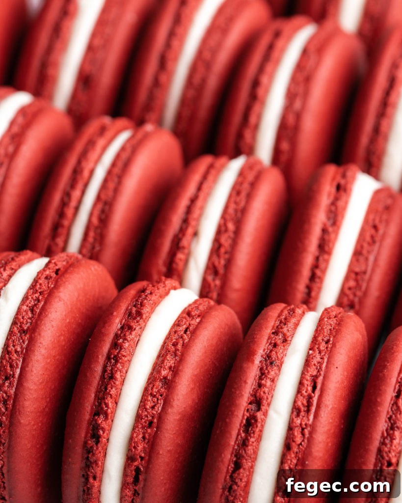 Red Velvet Macarons, filled with cream cheese frosting, lined up ready to be eaten
