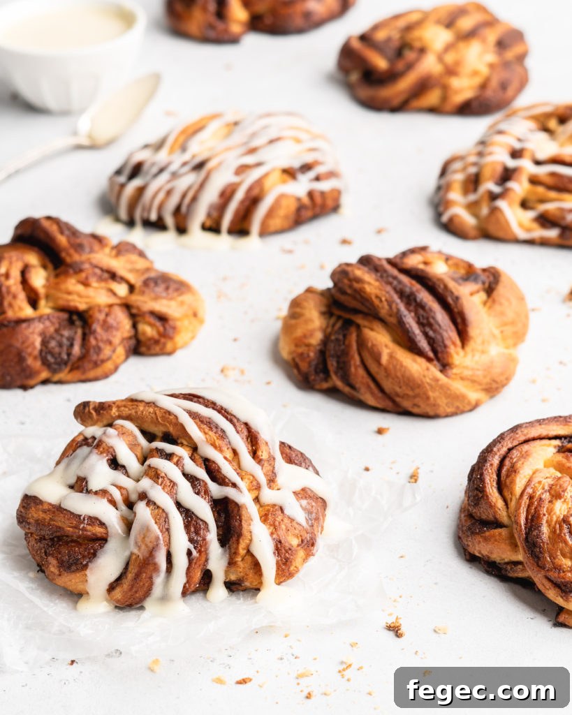 Beautiful cinnamon buns that are knotted into babka knots