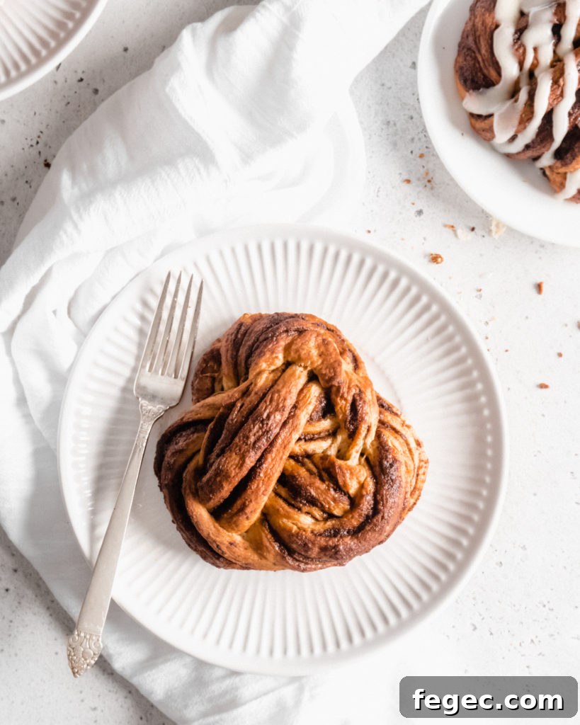 Beautiful cinnamon buns that are knotted into babka knots