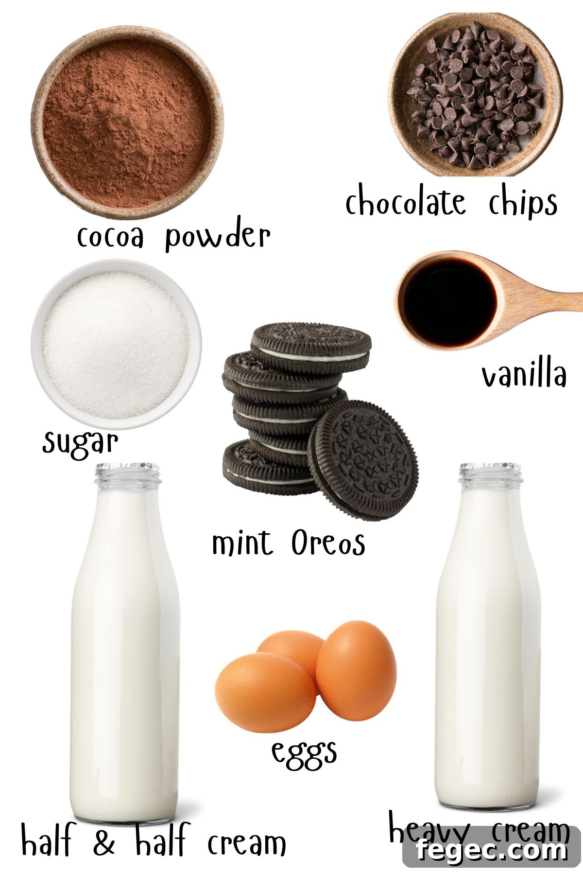 Chocolate Mint Oreo Chunk Ice Cream — Cool Mint Cookies & Cream Delight 3 Chocolate mint oreo ice cream ingredients labeled on a white background.