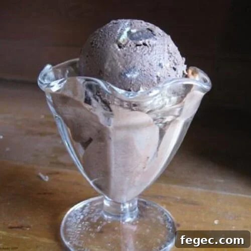 A scoop of chocolate Oreo ice cream in a glass ice cream dish.