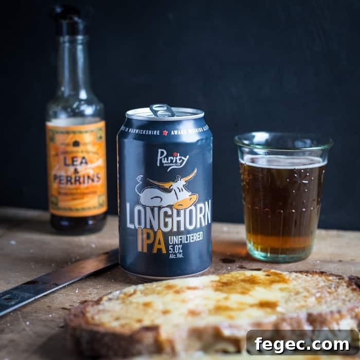 Can of Longhorn IPA beer with cheese on toast