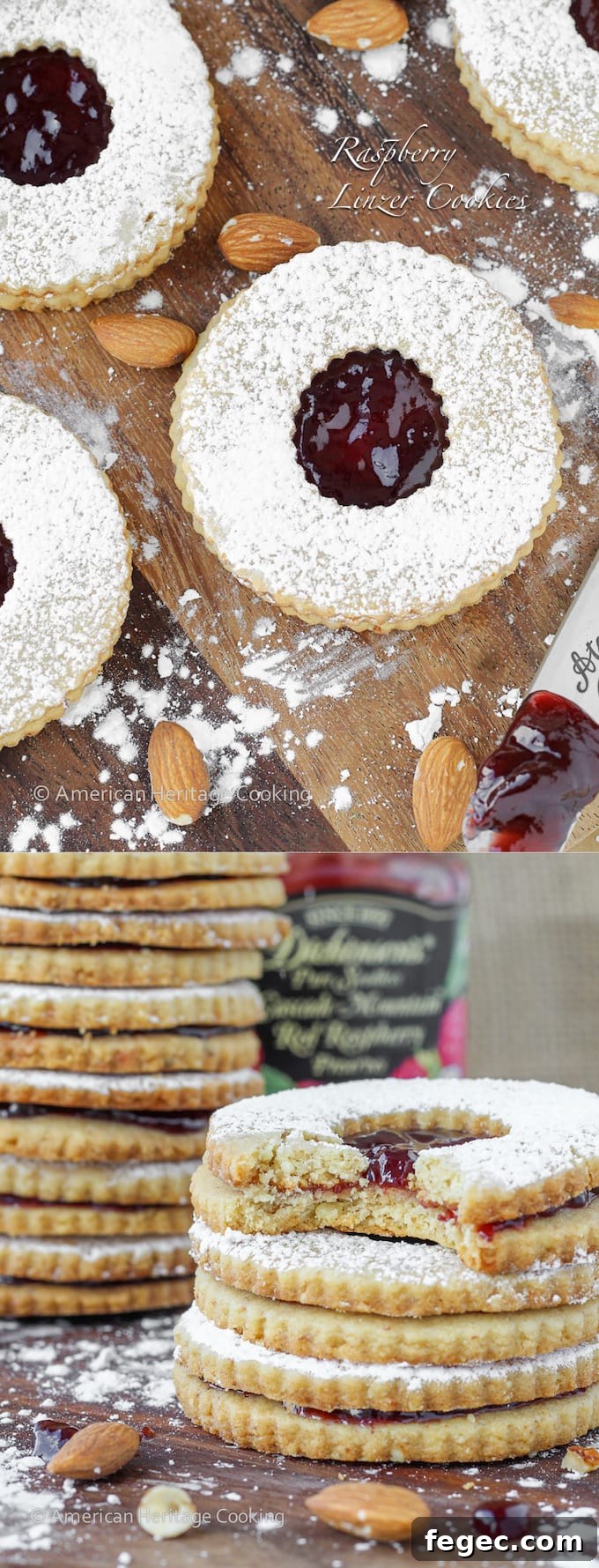 Circularly cut linzer cookies with red raspberry centers.