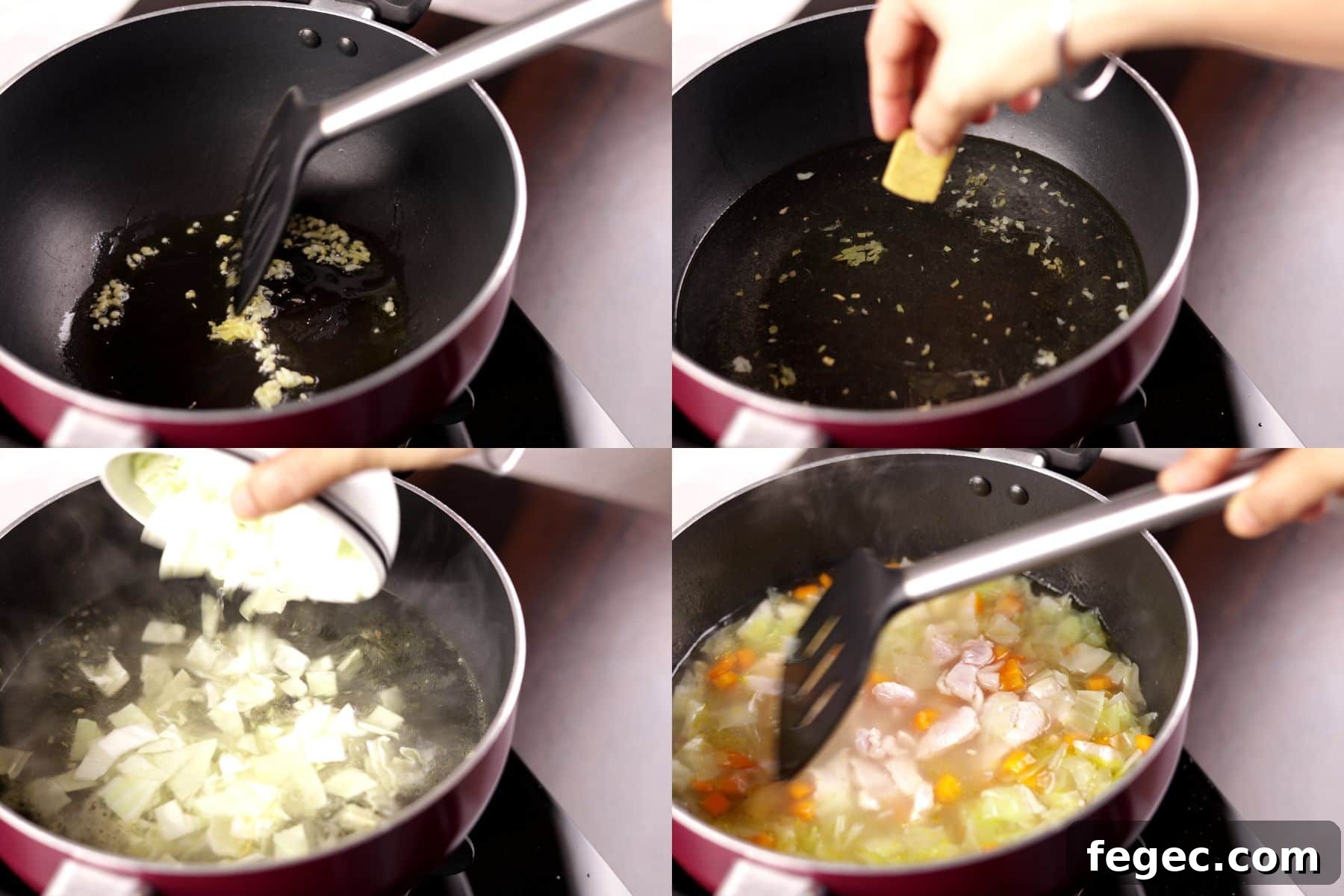Collage showing step 1 to 4 of Asian chicken cabbage soup: sautéing aromatics, adding water with stock cube, and adding cabbage, carrots, and chicken.