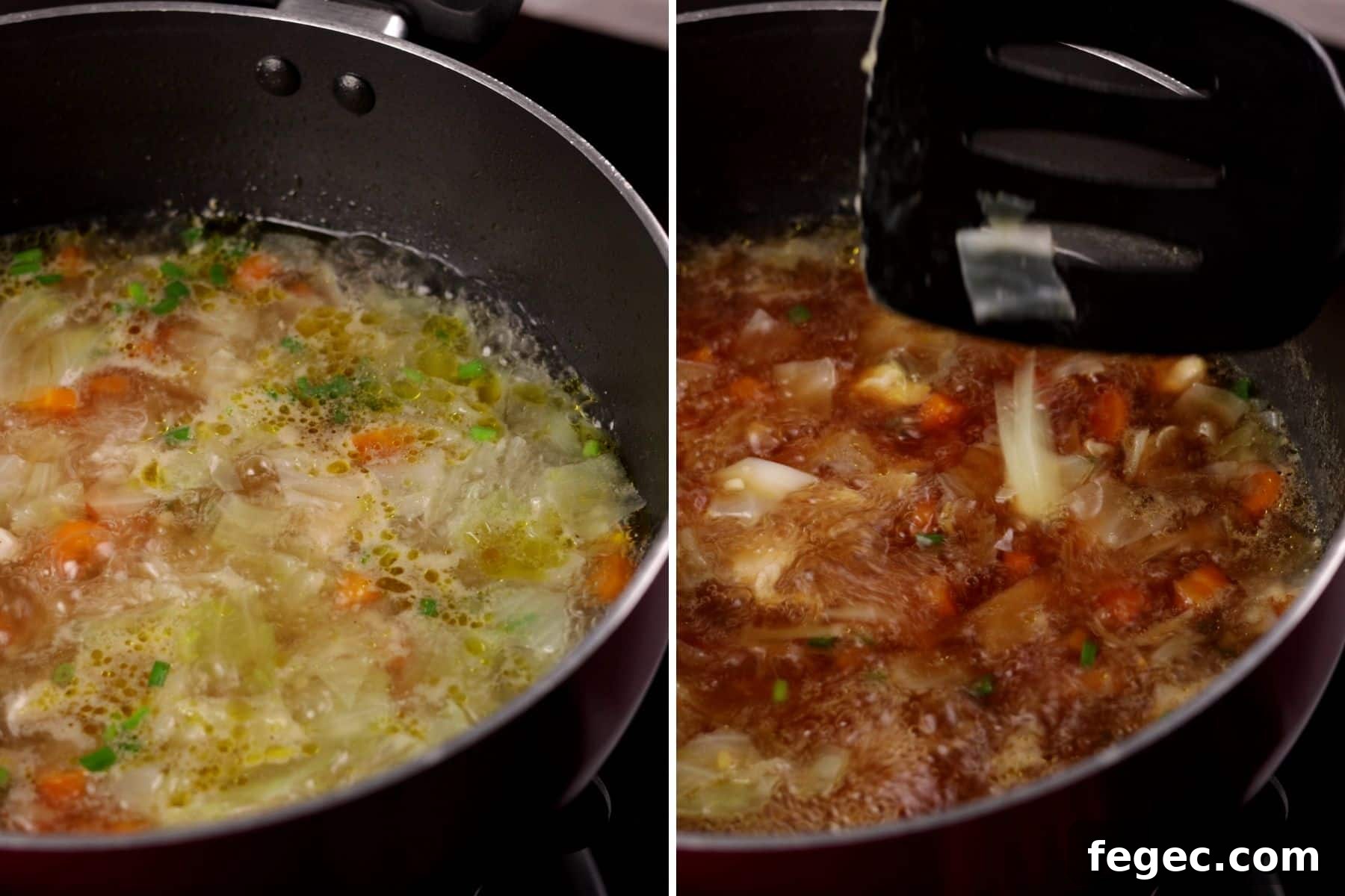 Collage showing step 5 and 6 of Asian style chicken and cabbage soup: stirring in seasoning and soy sauce, then adding chopped green onions.