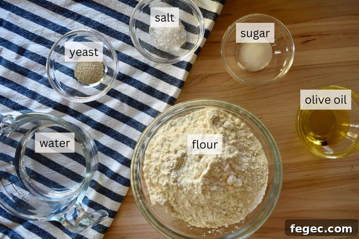 Ingredients for recipe include flour, yeast, water, sugar, salt, and olive oil.