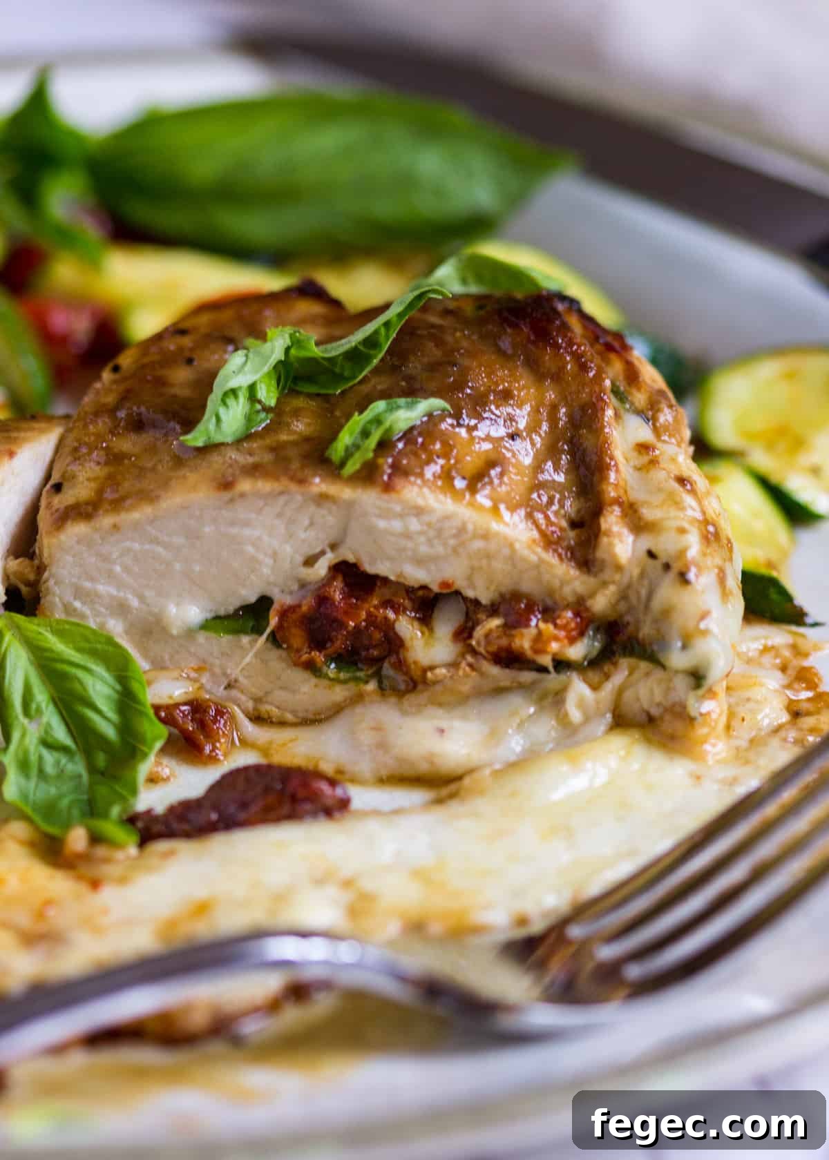 extreme closeup: stuffed caprese chicken with sun-dried tomatoes, melted mozzarella, and fresh basil
