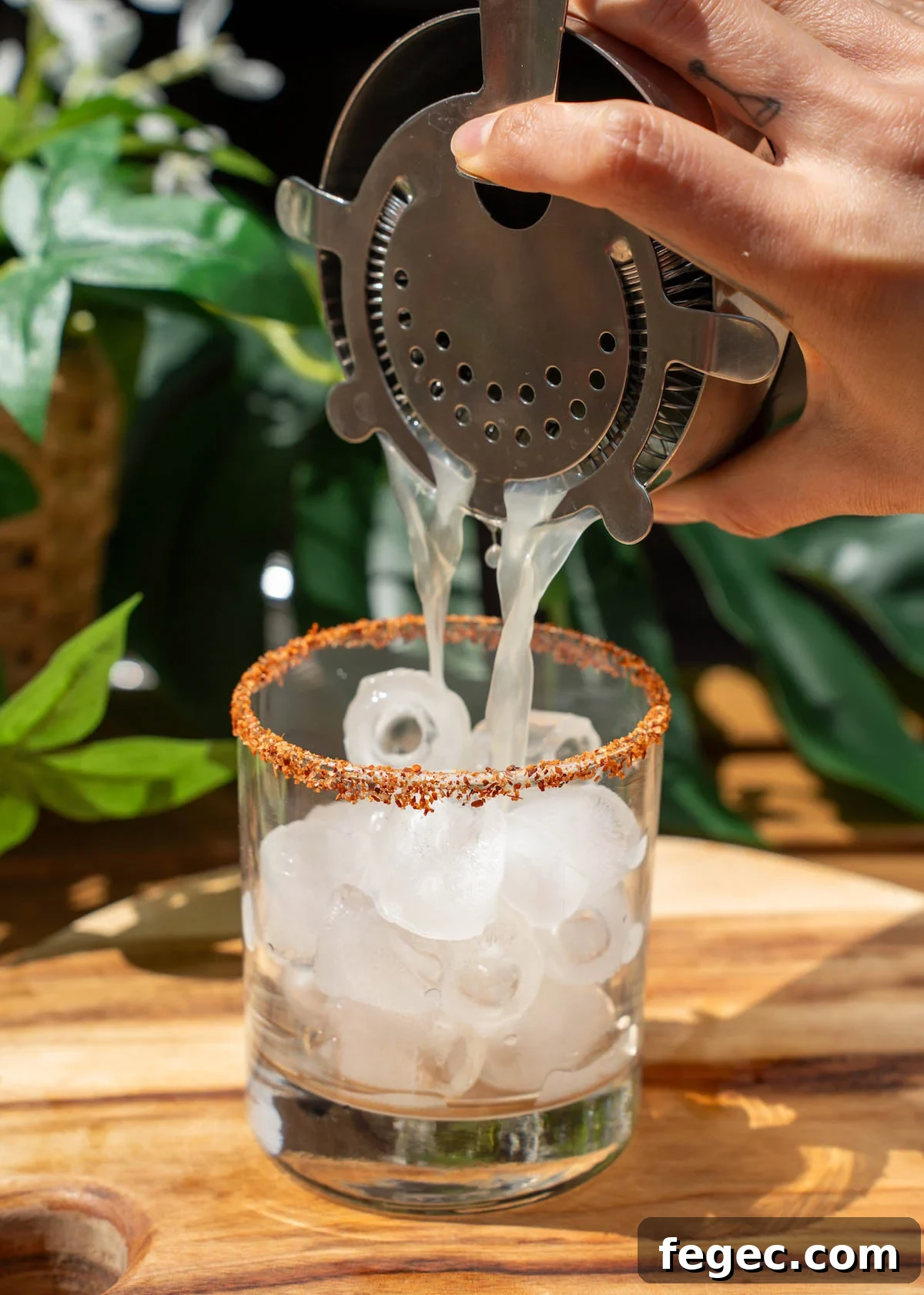 straining the mixture in a Tajin rimmed cup with ice