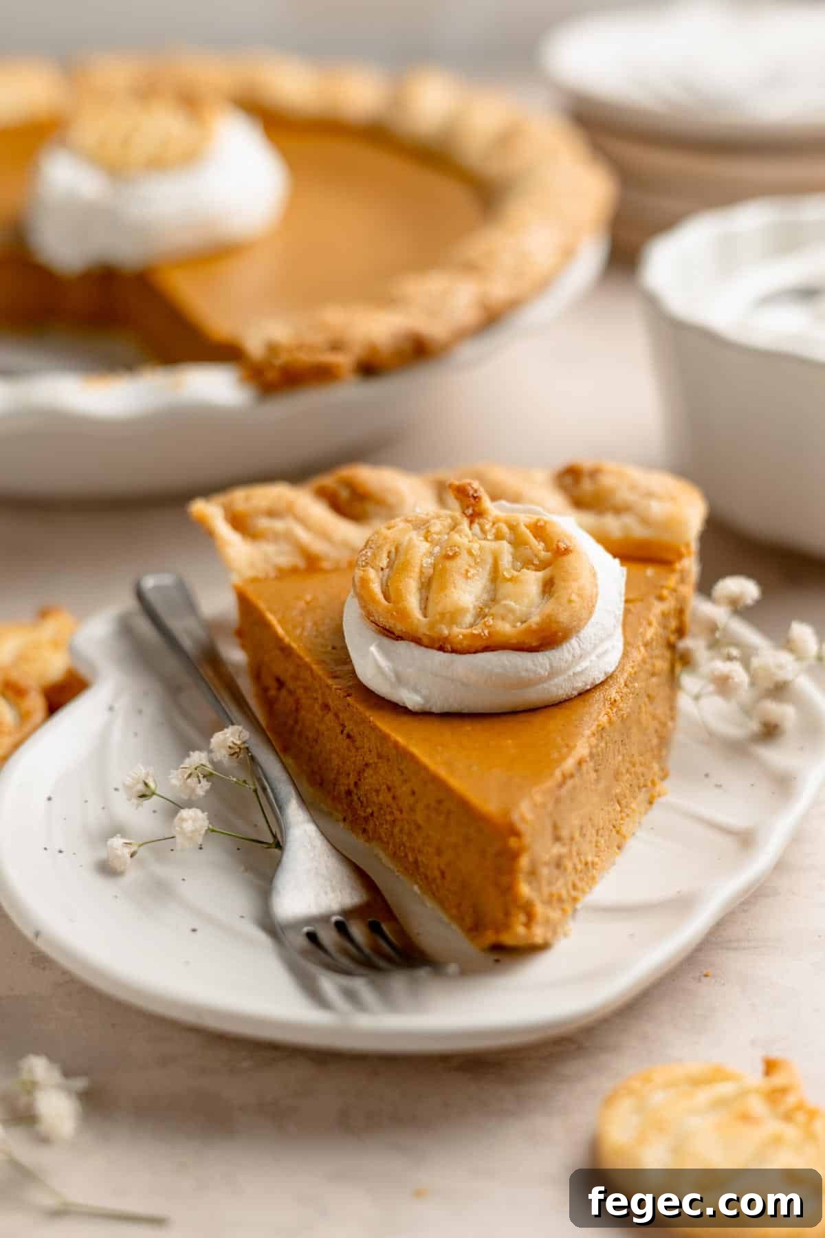 A perfect slice of gluten-free pumpkin pie garnished with whipped cream and a pumpkin-shaped crust cutout.