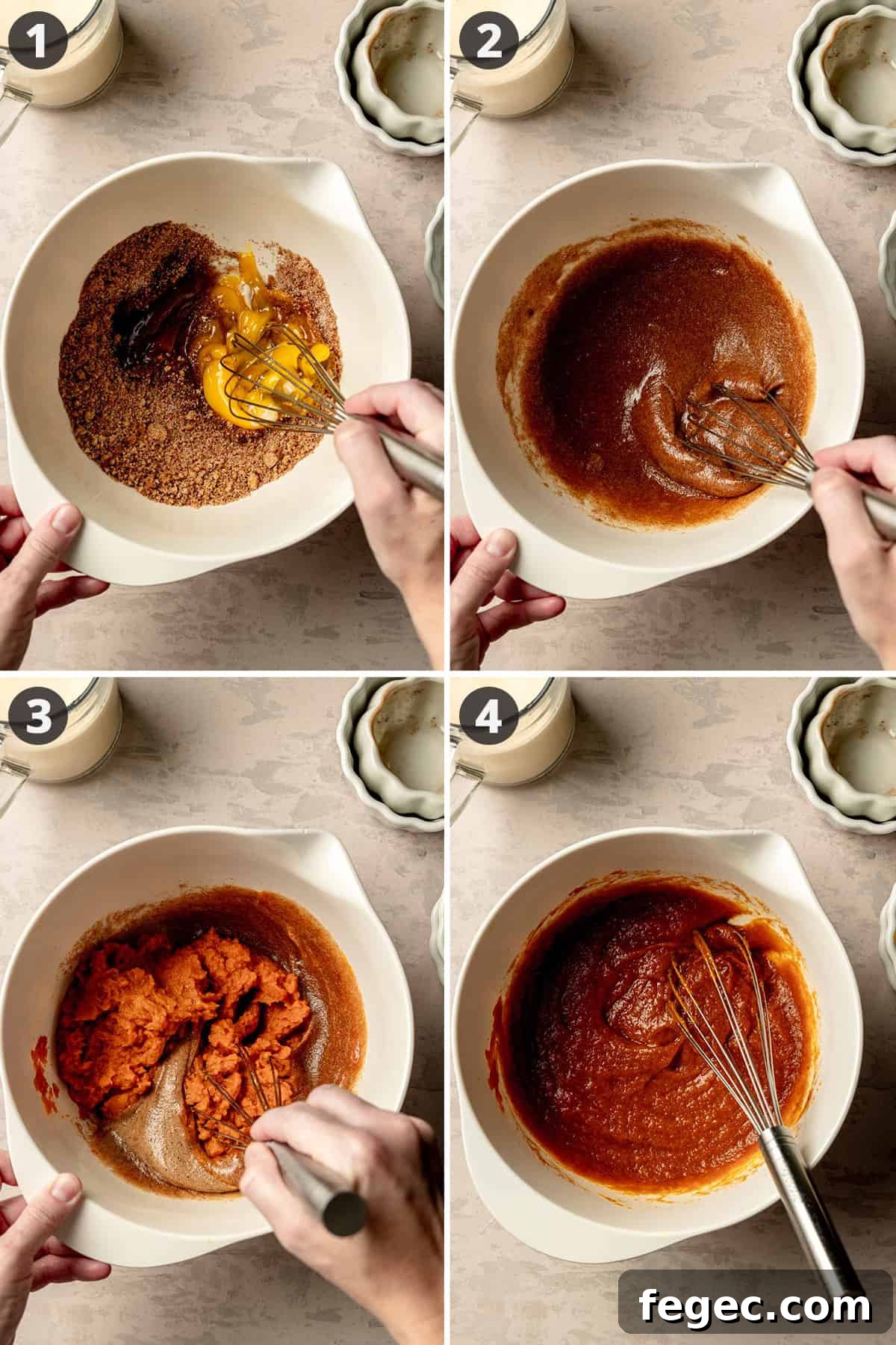 Stirring the ingredients for pumpkin pie filling in a mixing bowl.