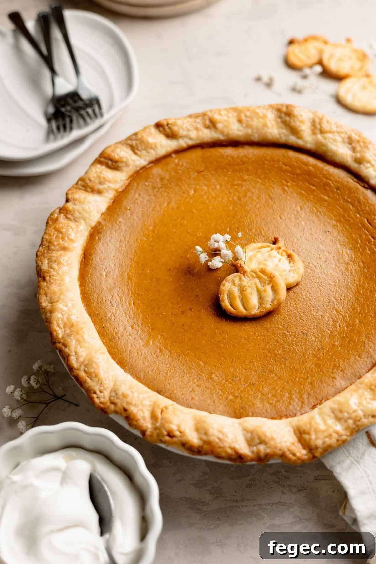 Perfectly baked gluten free pumpkin pie with smooth custard and golden brown crust. Garnished with small white flowers and pumpkin shaped pie cutout.
