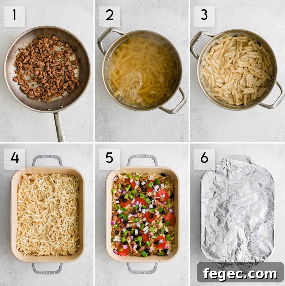 Creamy White Pizza Pasta Bake Recipe — Cheesy Italian Dinner 3 six panel collage image showing how to make white pizza pasta bake