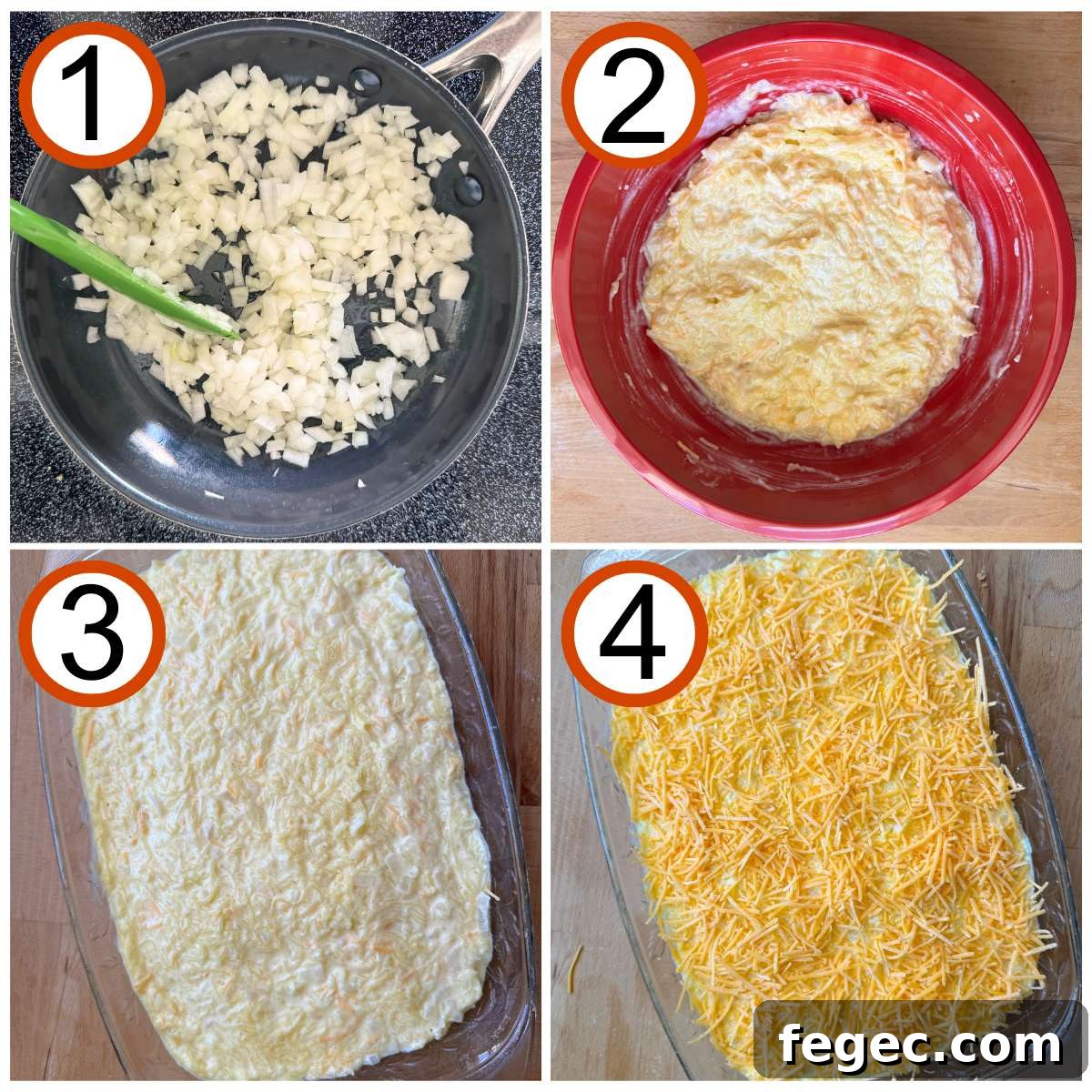 Collage of steps to make spaghetti squash au gratin: 1) Diced onions in a small pan, 2) Combined ingredients in a bowl, 3) Squash mixture in casserole dish, 4) Shredded cheese on top of squash mixture.