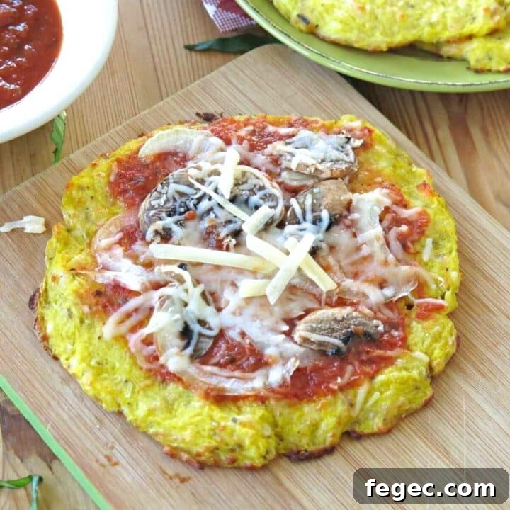 Spaghetti squash pizza crust cooked until crispy and topped with sauce, mushrooms, and cheese.