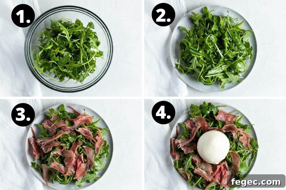 Steps 1-4 of preparing this recipe in a photo collage - dressing the rocket/arugula in a bowl, putting the rocket/arugula on a plate, topping with prosciutto and placing the burrata in the centre.