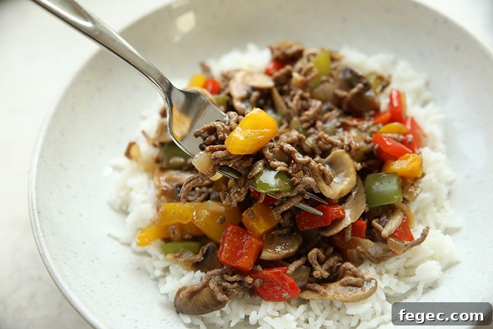 A curved dinner plate with a serving of rice topped with ground beef and peppers with sliced mushrooms in a brown gravy.