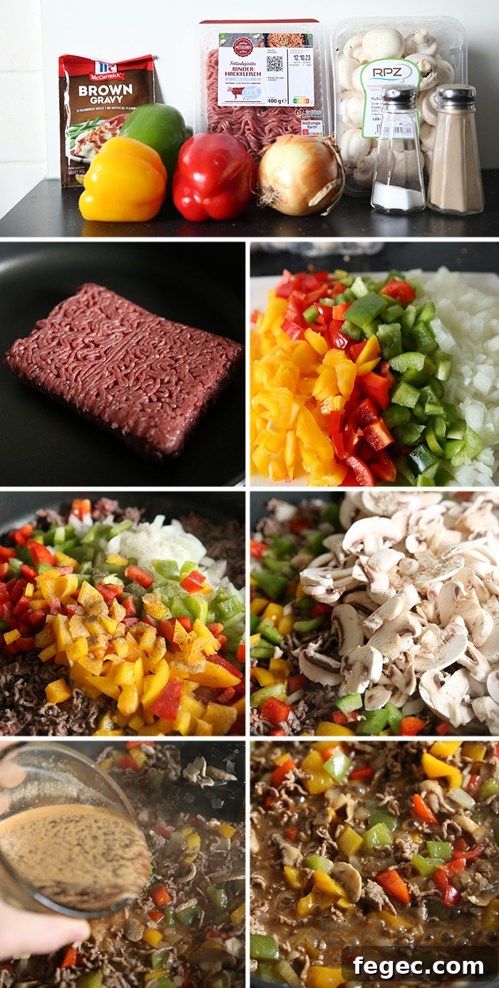 7-photo picture collage of step-by-step photos of how to make Beef and Peppers Skillet over Rice.