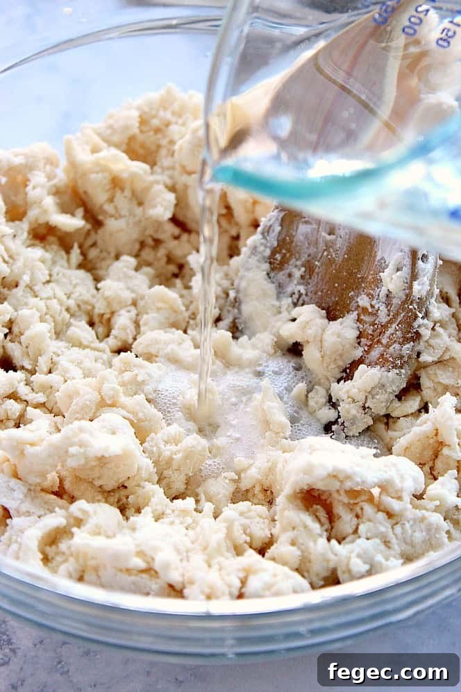 Close up shot of biscuit dough in a glass bowl, with soda poured from measuring cup.