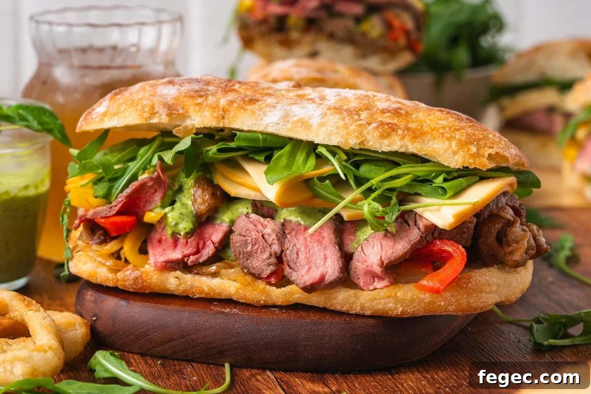 A Steak Sandwich with cheese, arugula, red peppers, and sauce on ciabatta bread, served on a wooden board.