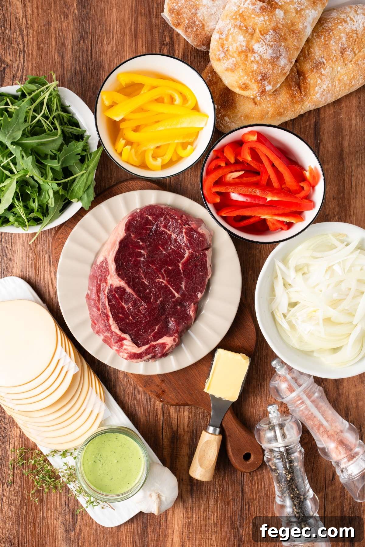 Raw steak, sliced onions, peppers, arugula, cheese, bread, butter, and seasonings on a wooden table.