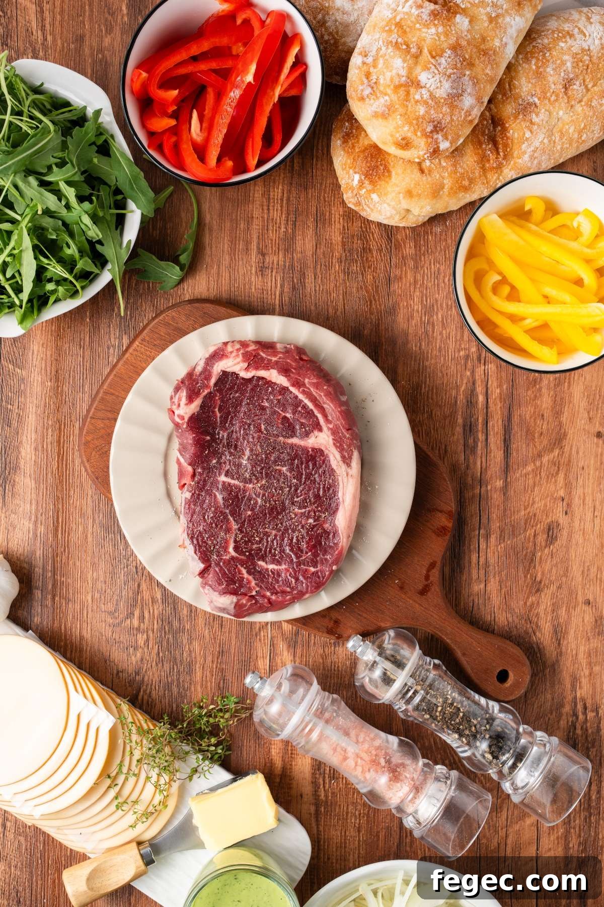 Raw steak on a plate with bread, sliced peppers, arugula, cheese, seasoning, and butter on a wooden table.