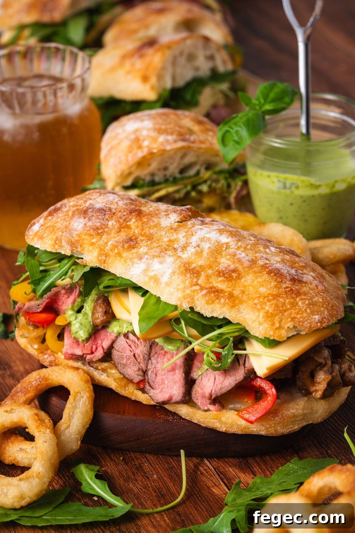 Steak sandwich with cheese, vegetables, and greens on ciabatta, served with onion rings and a drink.