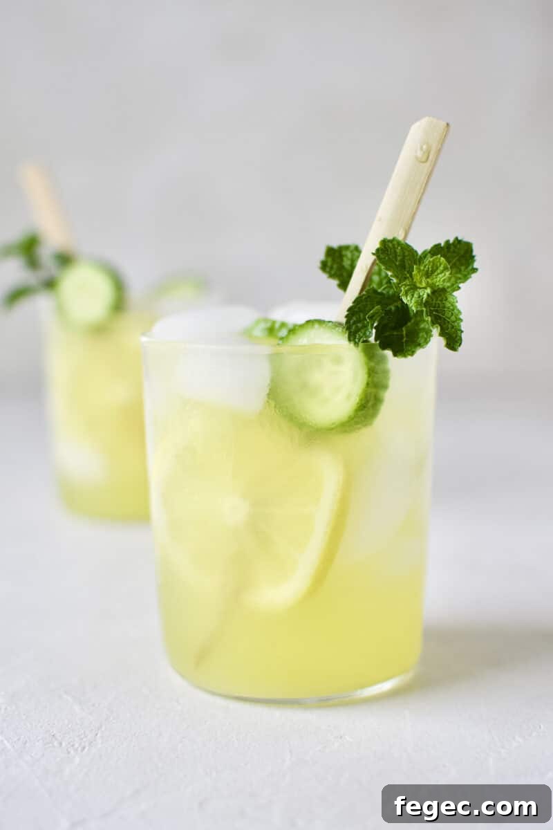 Cucumber Mint Lemonade in a glass with a skewer of lemon and cucumber slices and a sprig of mint.