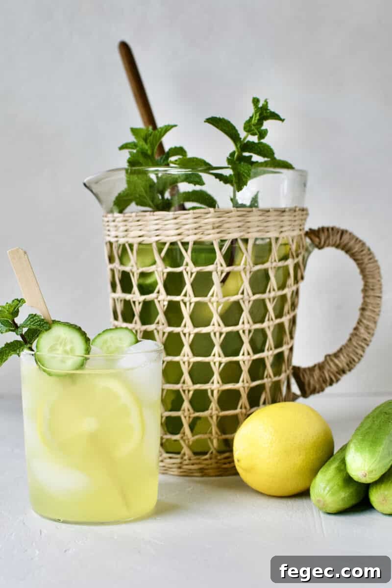 Cucumber Mint Lemonade in a glass with a skewer of lemon and cucumber slices and a sprig of mint. A pitcher of lemonade behind the glass.
