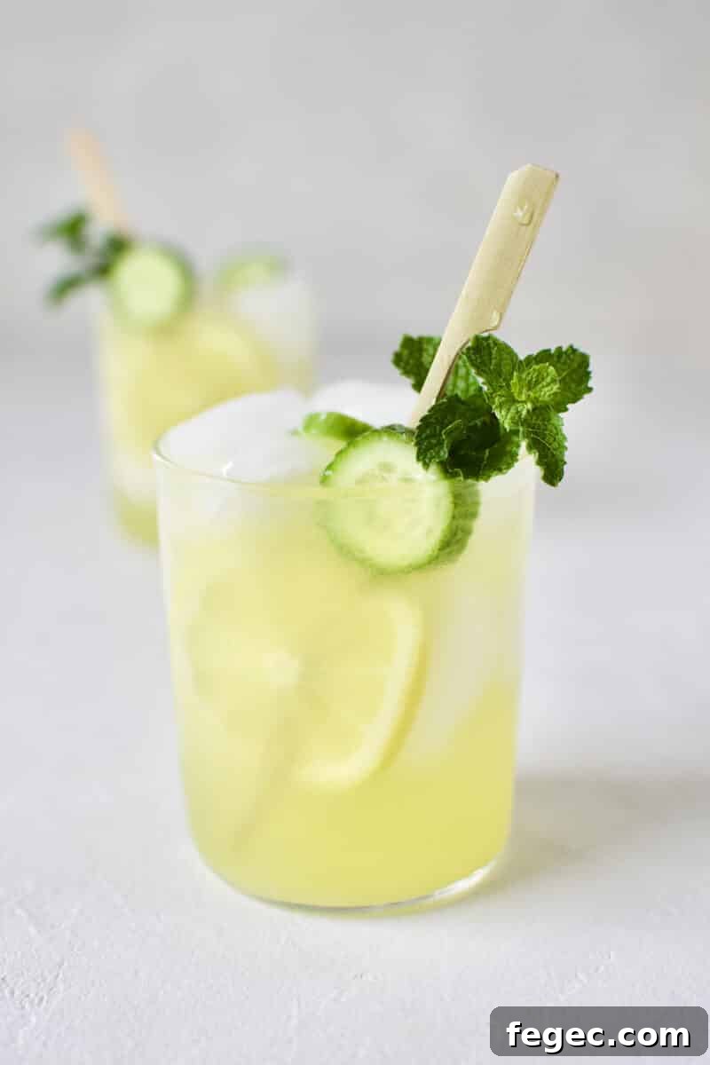 Cucumber Mint Lemonade in a glass with a skewer of lemon and cucumber slices and a sprig of mint.